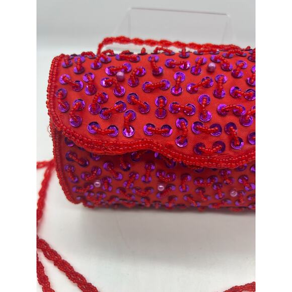 Evening Formal Wedding Red Purple Sequin Barrel Snap Purse Red Hat Ladies - Picture 2 of 9